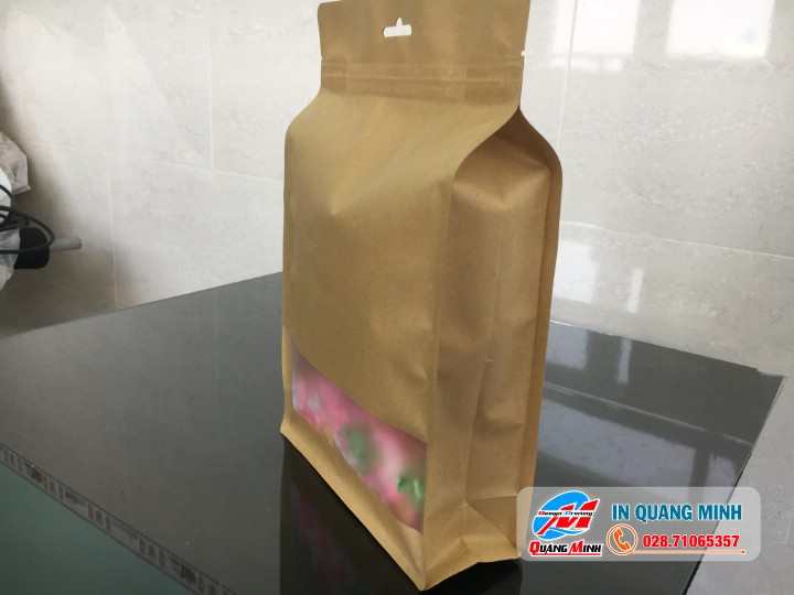 Túi Zipper Giấy Kraft Đáy Vuông 8 Cạnh Có Cửa Sổ